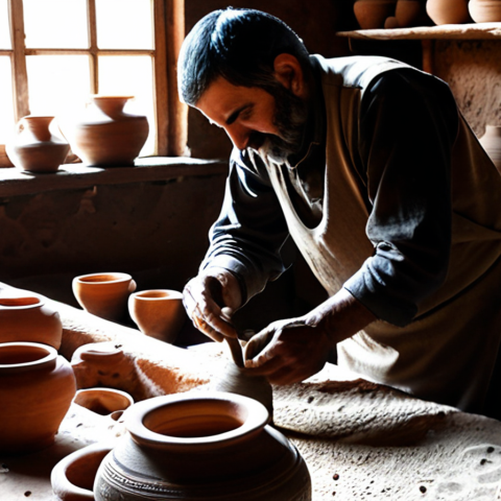 아르메니아 도자기 공예 - The Millennial Roots of Armenian Ceramics**
Prompt: "A serene, sunlit ancient Armenian pottery work...