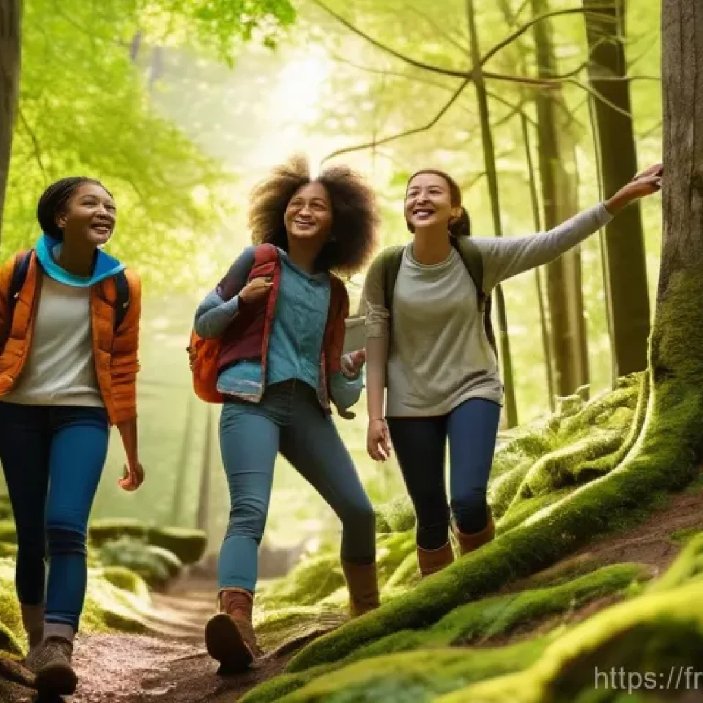 아르메니아의 봄철 축제 - A joyful group of diverse teenagers, aged 14-16, are exploring a vibrant, sun-dappled forest path. T...