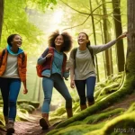 아르메니아의 봄철 축제 - A joyful group of diverse teenagers, aged 14-16, are exploring a vibrant, sun-dappled forest path. T...