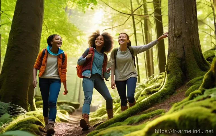 아르메니아의 봄철 축제 - A joyful group of diverse teenagers, aged 14-16, are exploring a vibrant, sun-dappled forest path. T...
