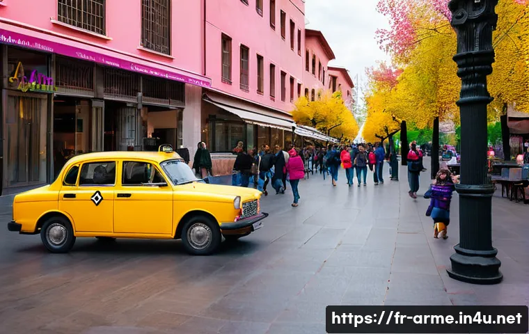 아르메니아 비자 발급 방법 - Yerevan Urban Charm and Pink Architecture**
A vibrant, eye-level street scene in the heart of Yereva...