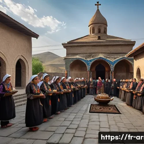 아르메니아 전통 의식과 종교 의례 - A vibrant Armenian village scene centered around a traditional church with distinctive domes and anc...