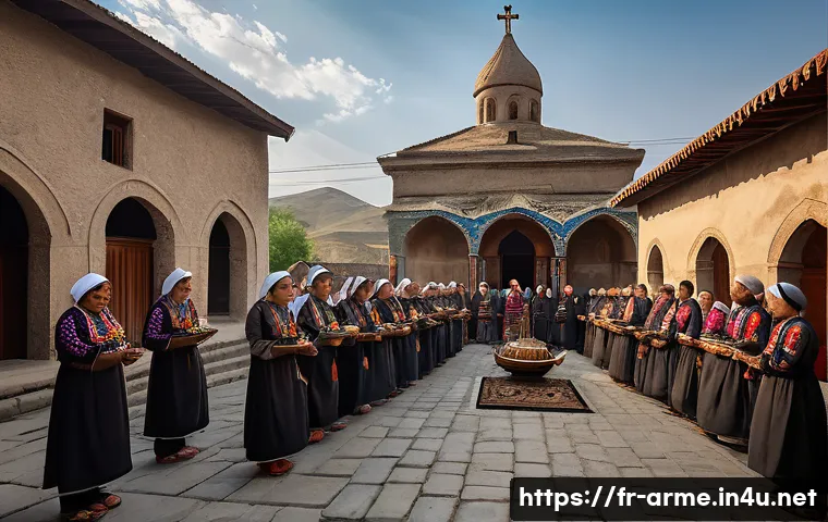 아르메니아 전통 의식과 종교 의례 - A vibrant Armenian village scene centered around a traditional church with distinctive domes and anc...