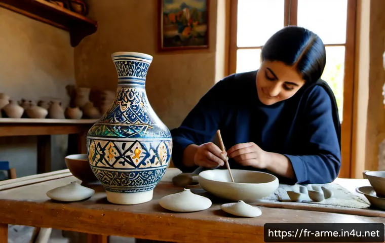 Home 15 아르메니아와 이란 문화 교류 - Photorealistic cultural exchange scene in a sunlit artisan workshop, Armenian ceramic artist and Ira...